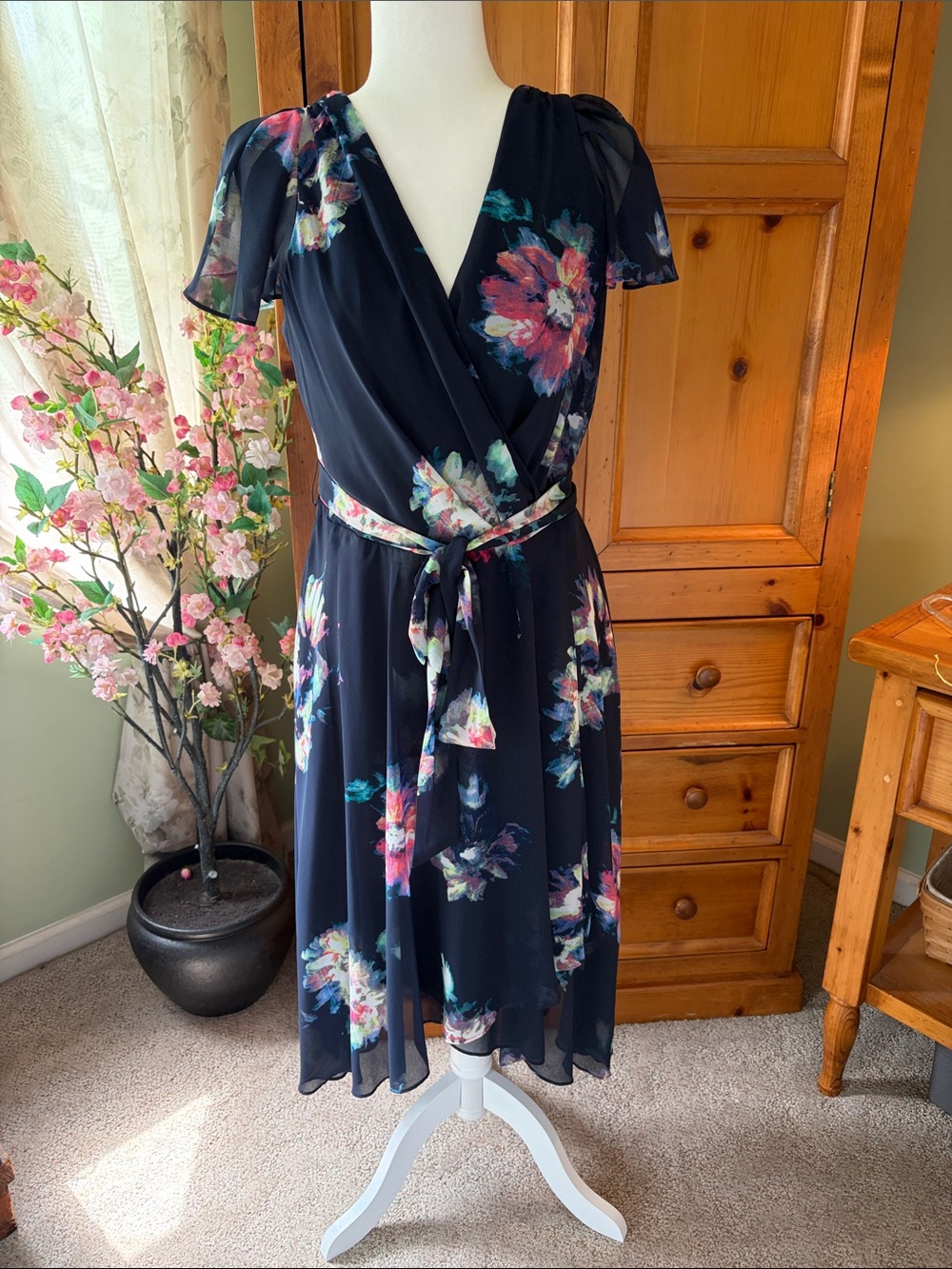 DKNY Navy Floral Midi Dress with Self Tie Waist